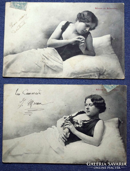 2 antique photo postcards - reclining lady