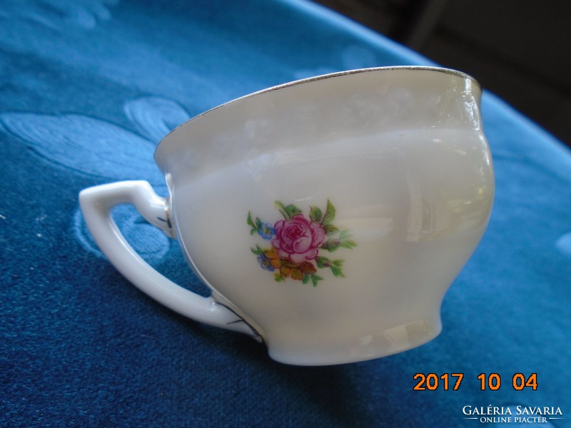 Hand-painted Zsolnay shield seal, Meissen flower pattern, platinum striped coffee cup with coaster