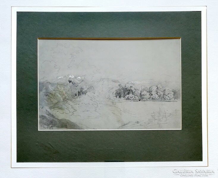 Kelety Gusztáv(1834-1902:) Tájkép havas hegycsúccsal. Jelzett.