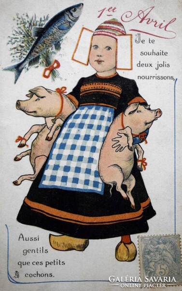 Antique graphic greeting litho postcard - little girl pigs fish April 1.