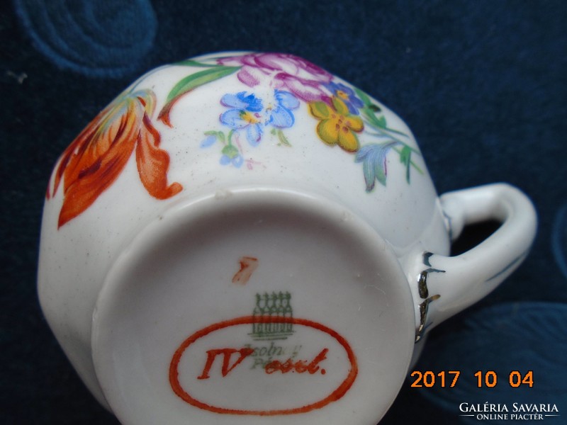 Hand-painted zsolnay shield stamp with Meissen floral pattern, platinum striped coffee cup