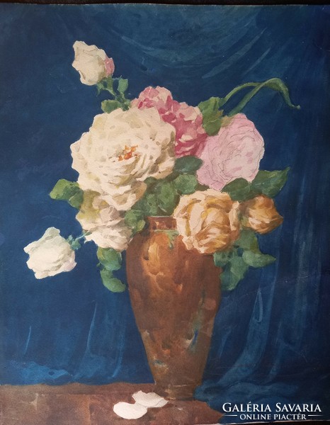 Komáromi kacz endre: flower still life, watercolor in a vase of roses