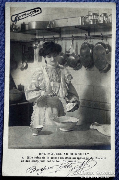 Antique photo postcard - lady making chocolate foam, kitchen, copper utensils