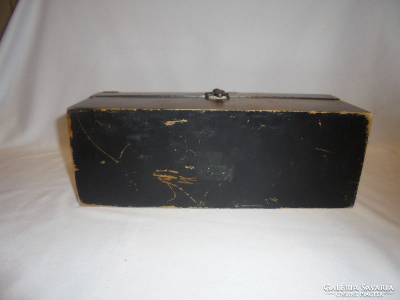 Old wooden box with embroidered leather or artificial leather decoration - to be renovated