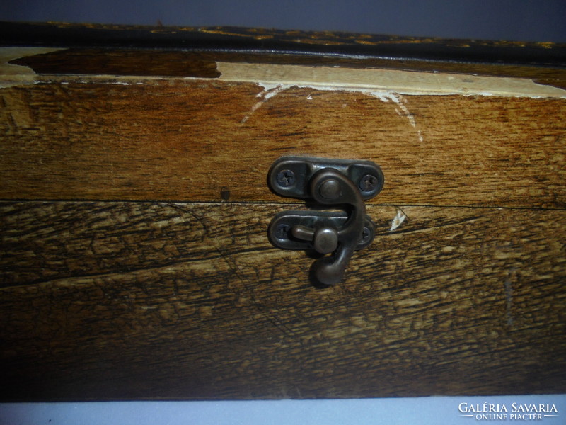 Old wooden box with embroidered leather or artificial leather decoration - to be renovated