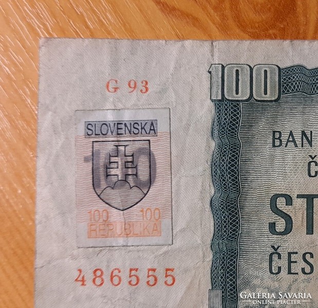 Csehszlovák 100 korona 1961 szlovák bélyeggel (1993)