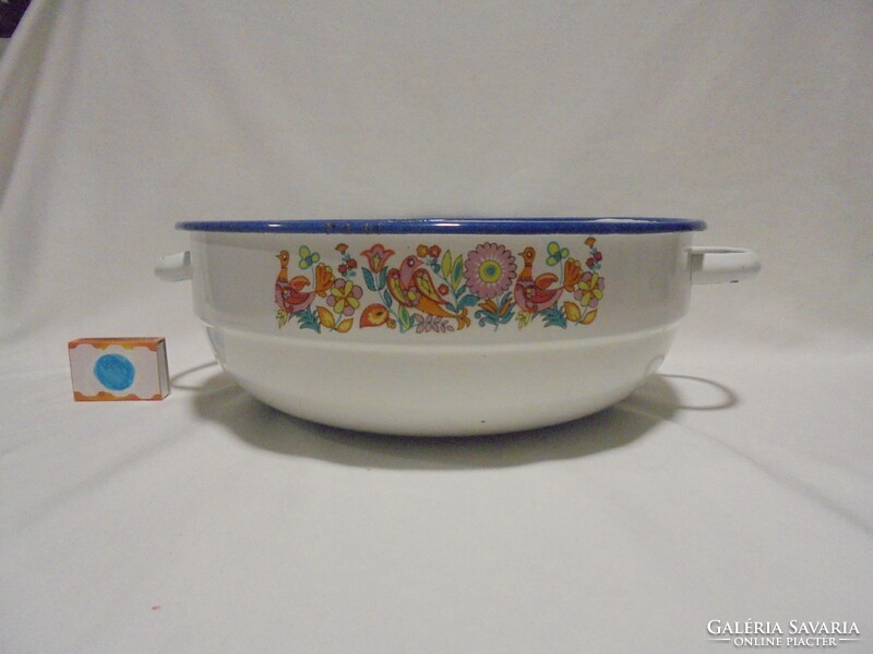 Old bird enamel bowl with a folk motif - for folk decoration