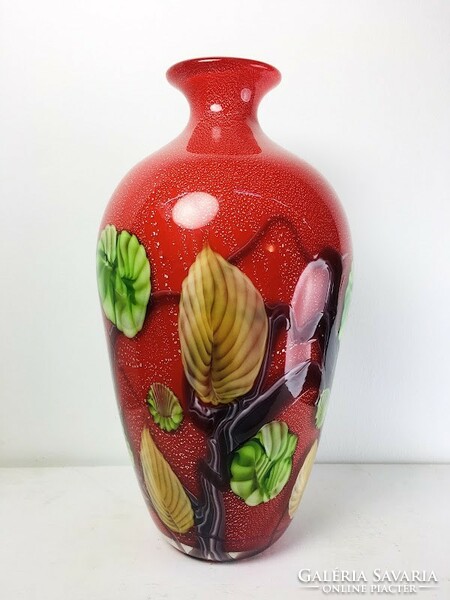 Large vintage bright red floral marked solid glass toso murano vase 1970's -51146