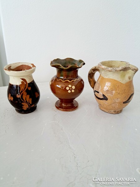 3 pieces of old mini folk ceramics, jug and vase together