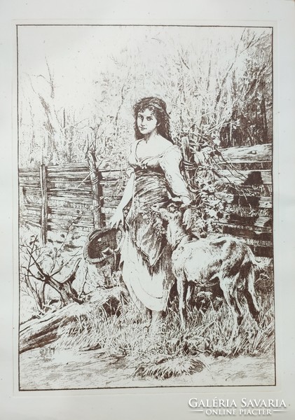 Árpád József Koppay: girl with goat etching