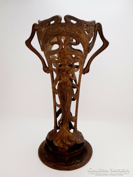Large art nouveau metal vase, mucha-style female figure, 31.5 cm