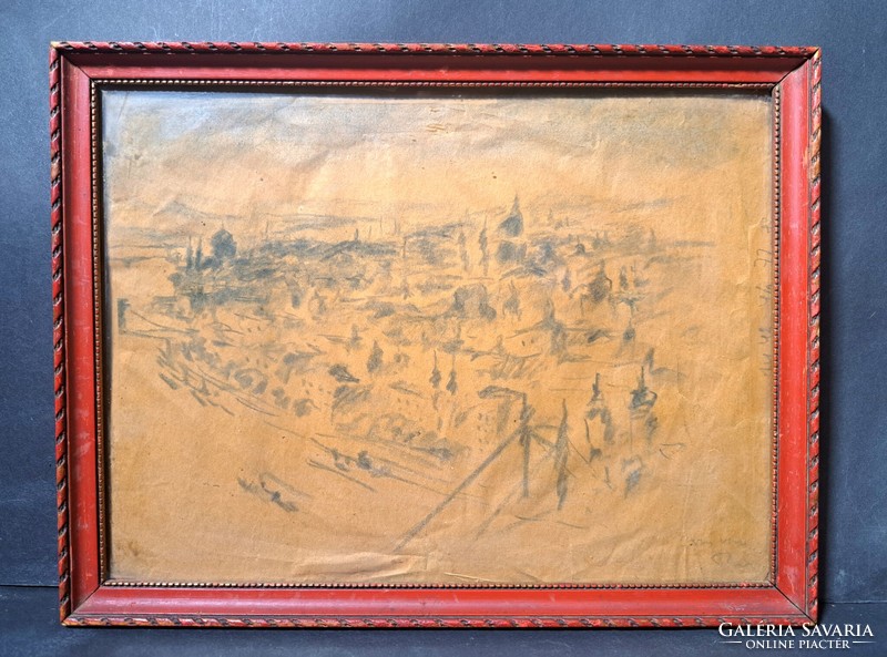 Pest skyline from the first half of the 1900s - signed pencil drawing - painter of Jewish origin?