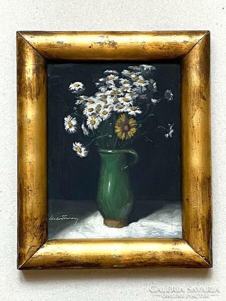 László Ferenczy Várkonyi (1906-) flower still life with folk jug oil cardboard marked painting