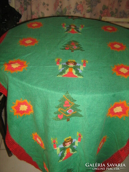Beautiful antique fun colored hand embroidered and crocheted huge Christmas runner