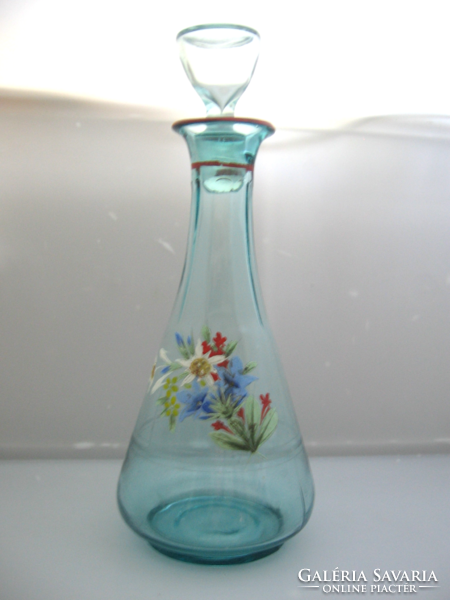 Antique enamel-painted blue glass with blue flowers, bottle, carafe, 1 l calibration.