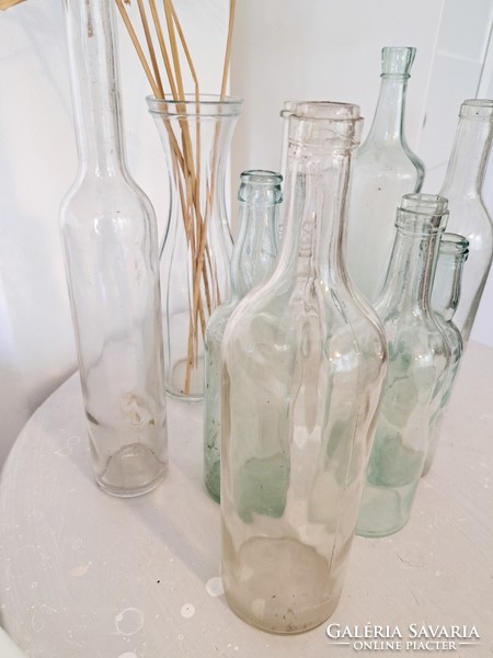 10 Pieces retro, vintage old glass, bottle together, transparent and pale green
