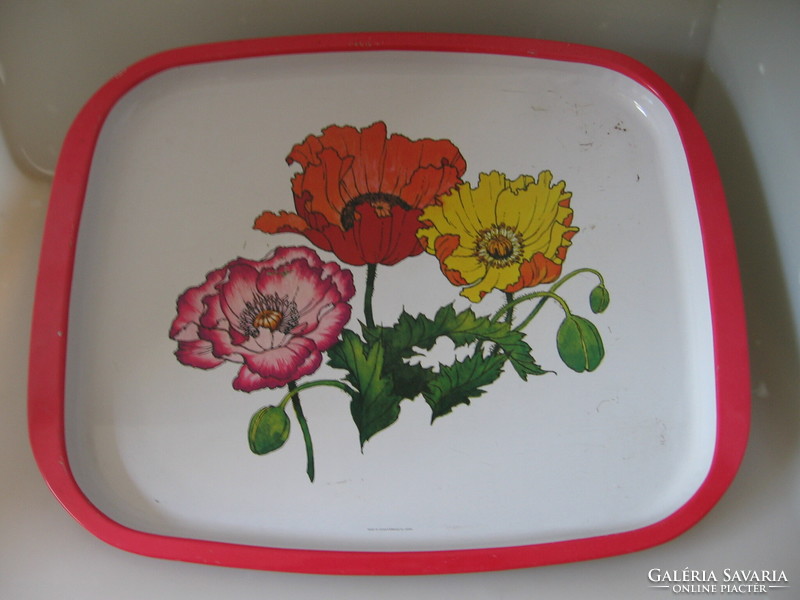 Retro Japanese painted metal tray with poppies