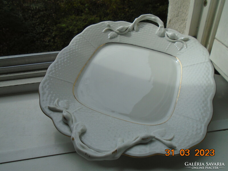 Herend basket pattern tray with plastic rose bud and branch tongs