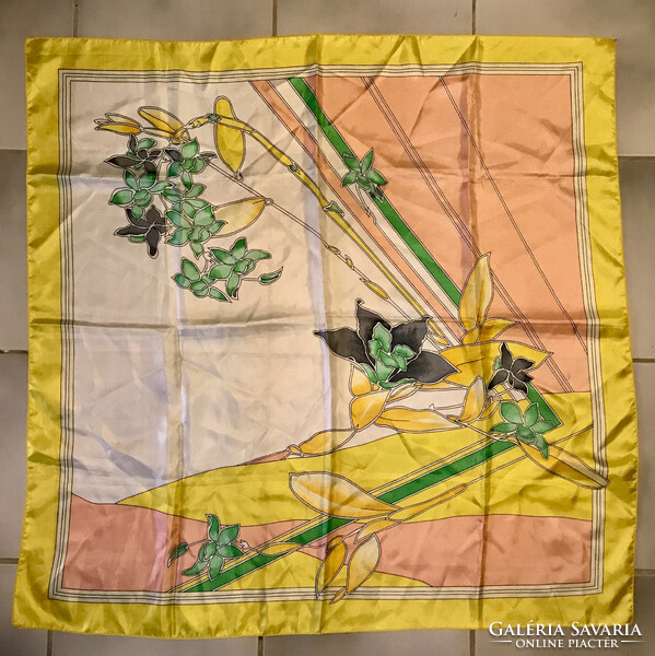 Vintage women's scarf with a lily pattern on a yellow background