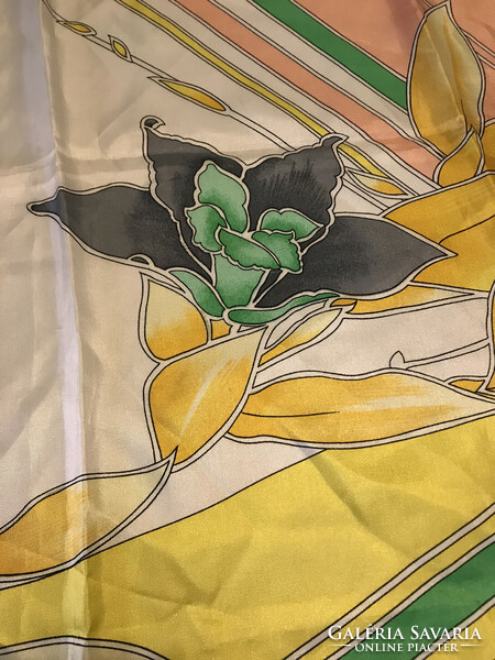 Vintage women's scarf with a lily pattern on a yellow background