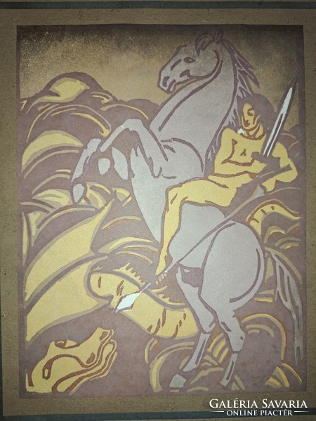 Béla Kádár (1877-1956): Saint György, the dragon slayer. Color linocuts of the modern Hungarian Hungarian picture library