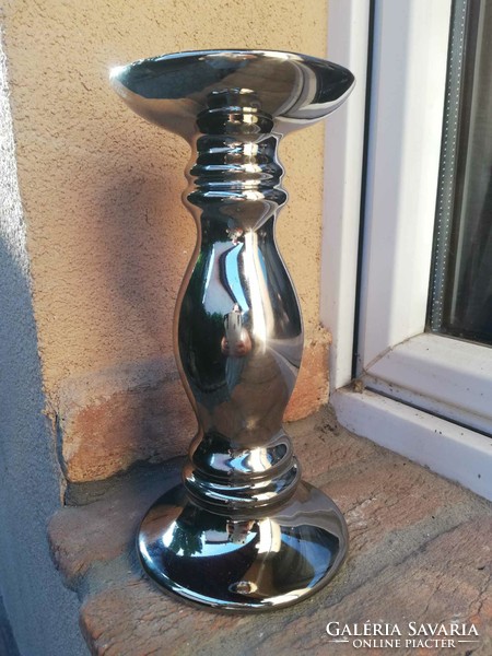 Silver colored porcelain pedestal or candle holder 22 cm
