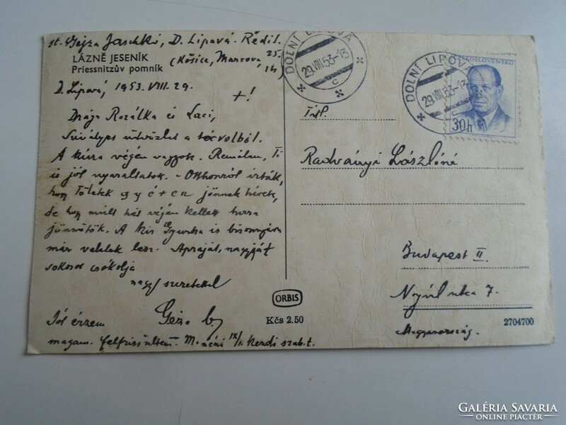 H35.5  Jaschkó Géza  által írt lap  - Lázně Jeseník -Csehország  1953 Radványi Budapest