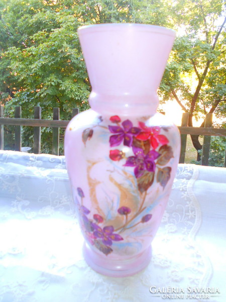 Art Nouveau pink chalcedony (opal) glass vase with hand painting 24 cm