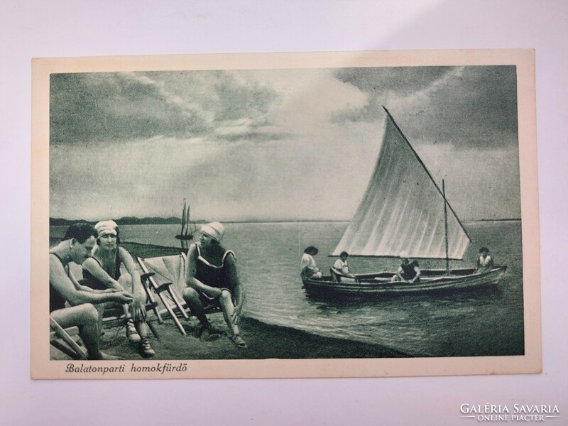 Old postcard Balaton sand bath sailing ship