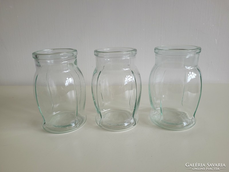 Old vintage 3 pcs green ribbed 1 l glass Ladány cannery canning jar canning jar