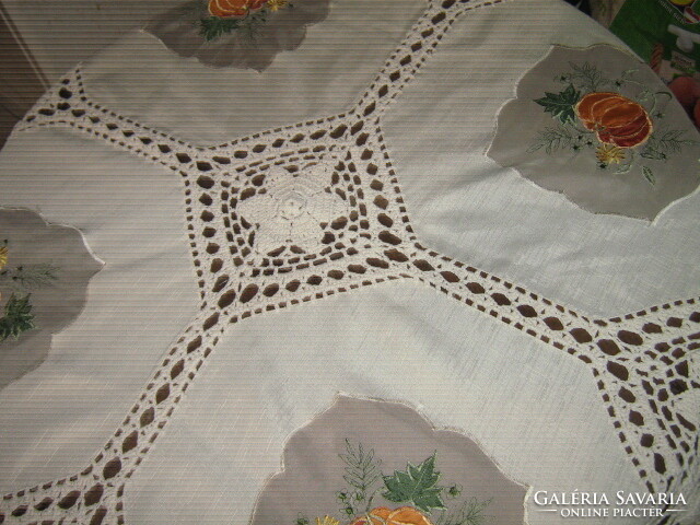 Beautiful hand-crocheted special tablecloth with sewn autumn pattern with organza insert