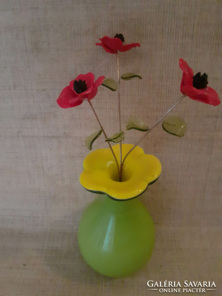 Old double village glass vase with a bouquet of Murano glass poppies inside