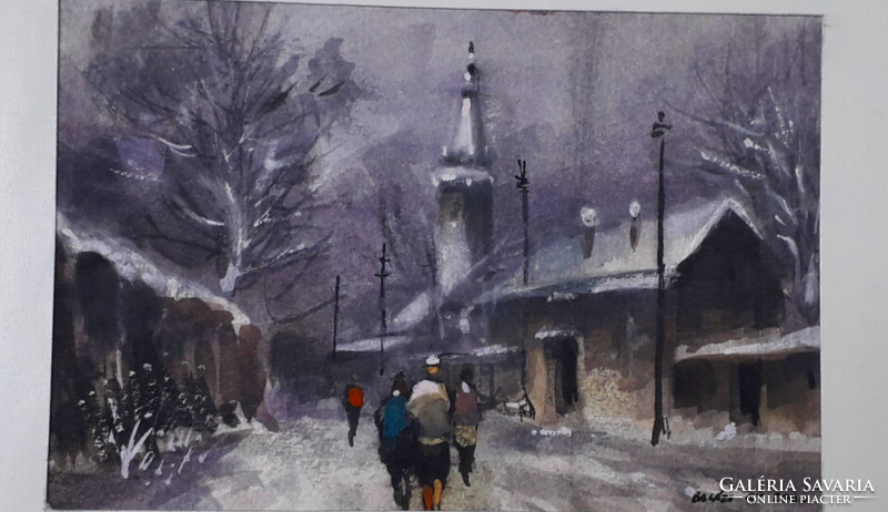 György Balázs, winter street scene, watercolor, in a picture frame
