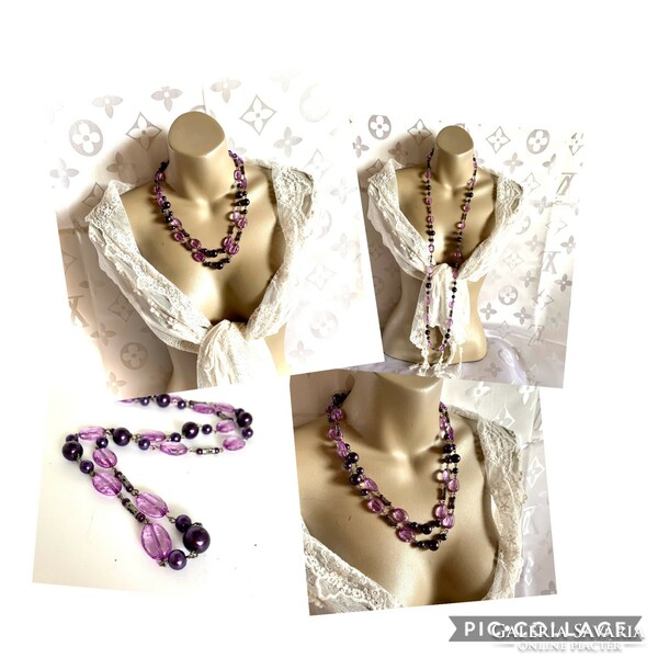 Hosszú 110cm  lila akryl gyöngy egyedi vintage nyaklánc 1970-es évekből régi ékszer gyöngysor