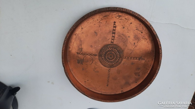 Retro craftsman metalwork hammered copper tray - with kj signature (József Kótai?)