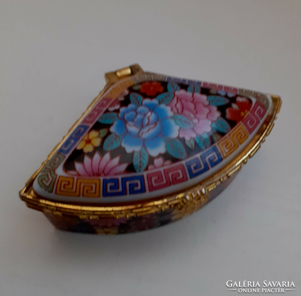 Porcelain small jewelry box in a gilded metal frame with rose flower decoration