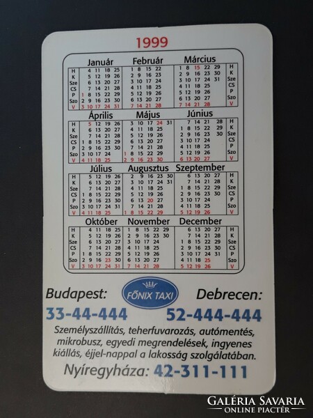 Card calendar 1999 - retro, old pocket calendar with phoenix taxi inscription