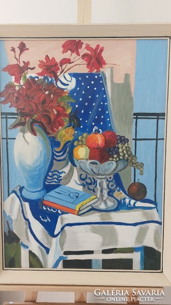 (K) Hangulatos virágcsendélet festmény 54x76 cm kerettel