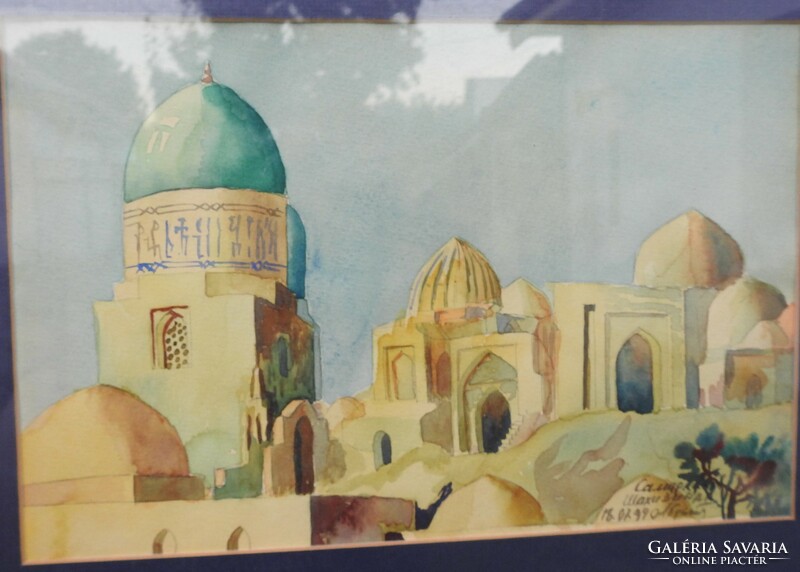 Arab street scene - labeled watercolor painting
