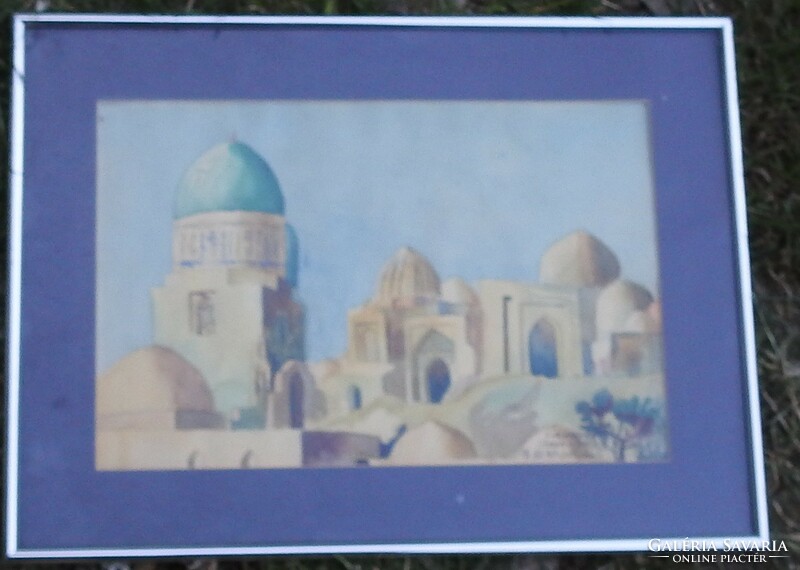 Arab street scene - labeled watercolor painting