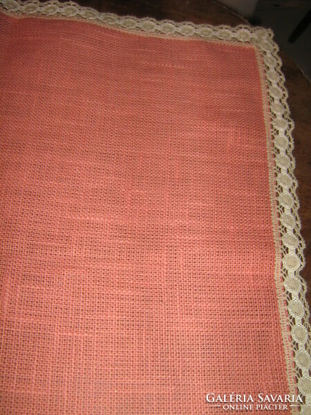 Beautiful mauve elegant woven tablecloth with lace edges