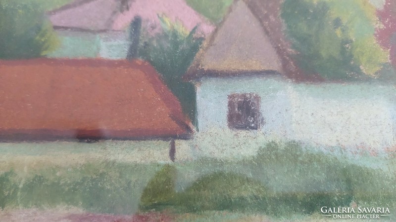 (K) Régi falurészlet festmény 46x35 cm kerettel