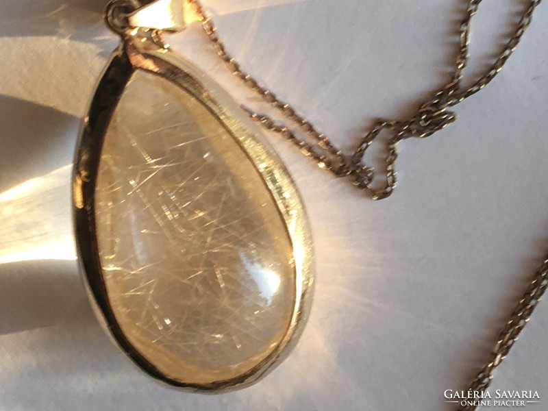 Huge rutile quartz pendant gilded silver minimalist