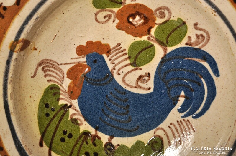 Transylvanian earthenware rooster plate, field, 100 years old