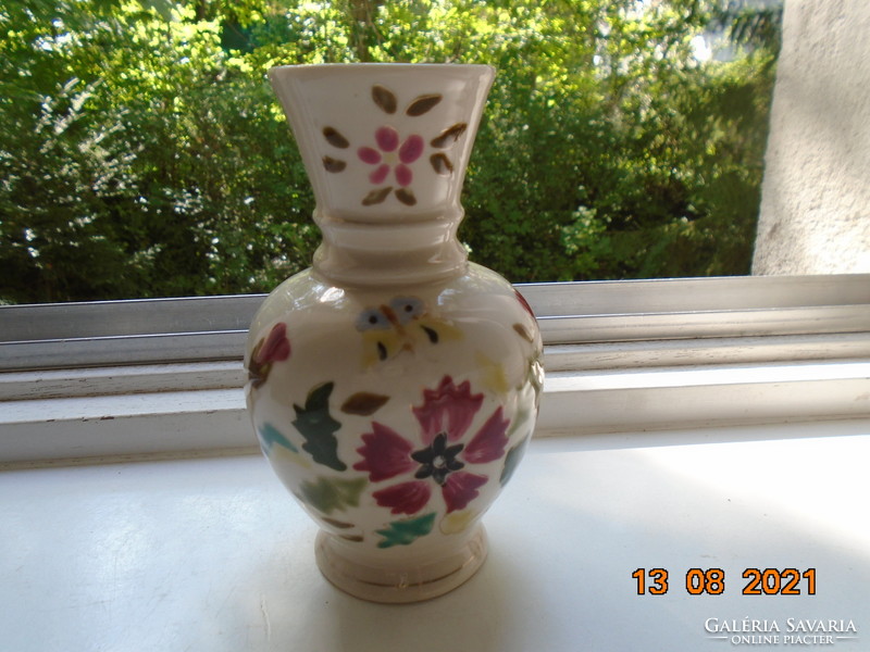 Antique Zsolnay type, hand-painted, hand-numbered majolica vase with flowers and butterflies