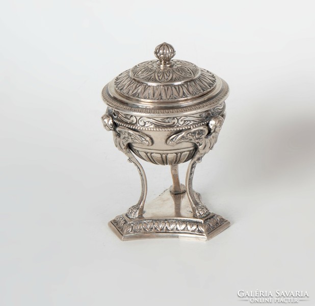 Silver empire style sugar box with stylized angel figures