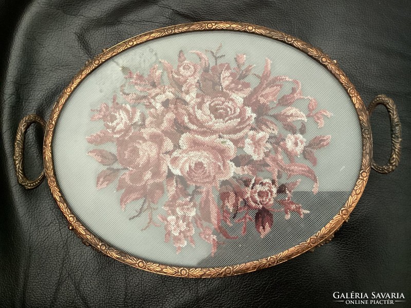 Copper-framed tray with tapestry embroidery