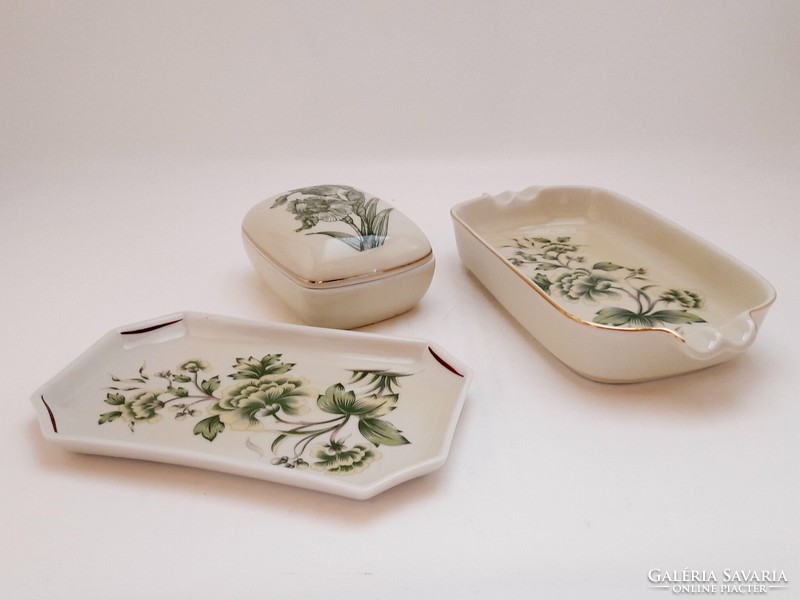 Raven's house green flower pattern bowl, ashtray and bonbonnier, 3 pieces in one