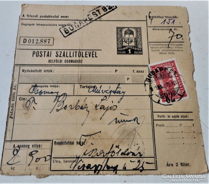 Hungarian dir. Postal parcel carrier 1931 (Tiszaföldvár, artificial limb)