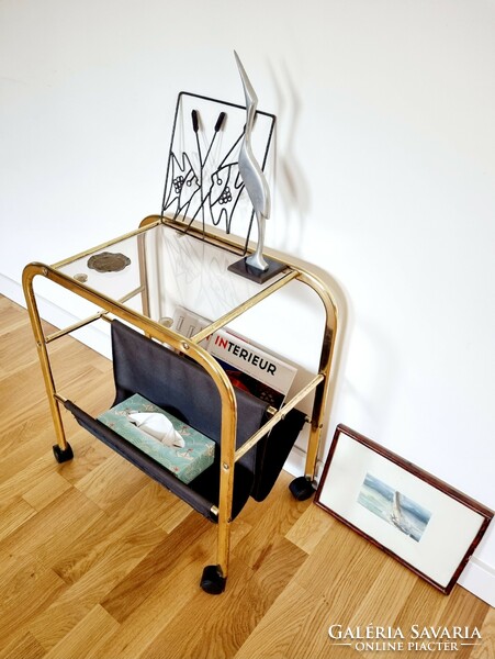 Retro tubular frame newspaper rack, rolling table
